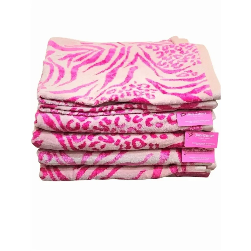 Juicy Couture Home Pink Leopord Zebra Animal Print Plush Bath & Hand Towel Set